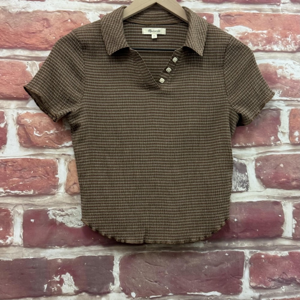 Madewell Shirt Women's XS Brown Knit Striped Crinkle Accent Button Casual Shirt - Picture 2 of 9